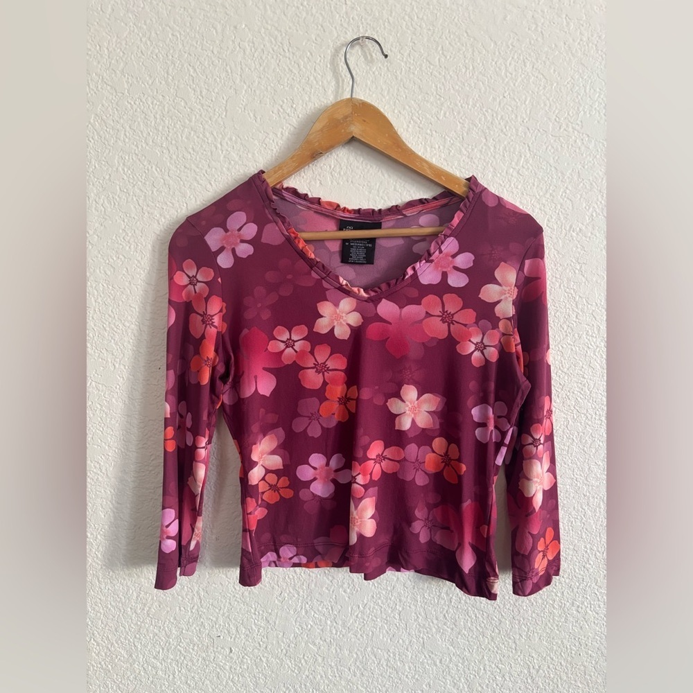 No Boundaries Mesh Top Medium Burgundy Floral Y2K Ruffle V-Neck Long Sleeve